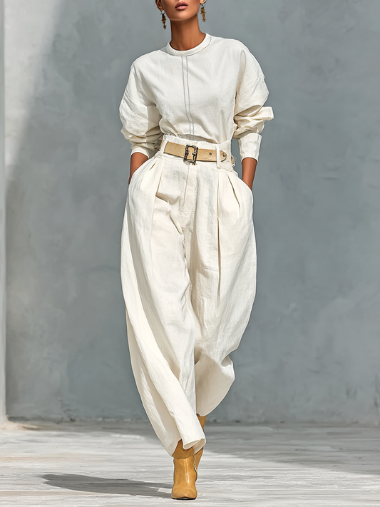 Women's Fashion Cotton And Linen Blend Crew Neck Long Sleeve Shirt Loose Trousers Set (belt Not