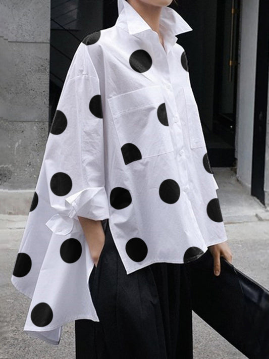 Casual High-Low Polka-Dot Split-Side Lapel Long Sleeves Blouse