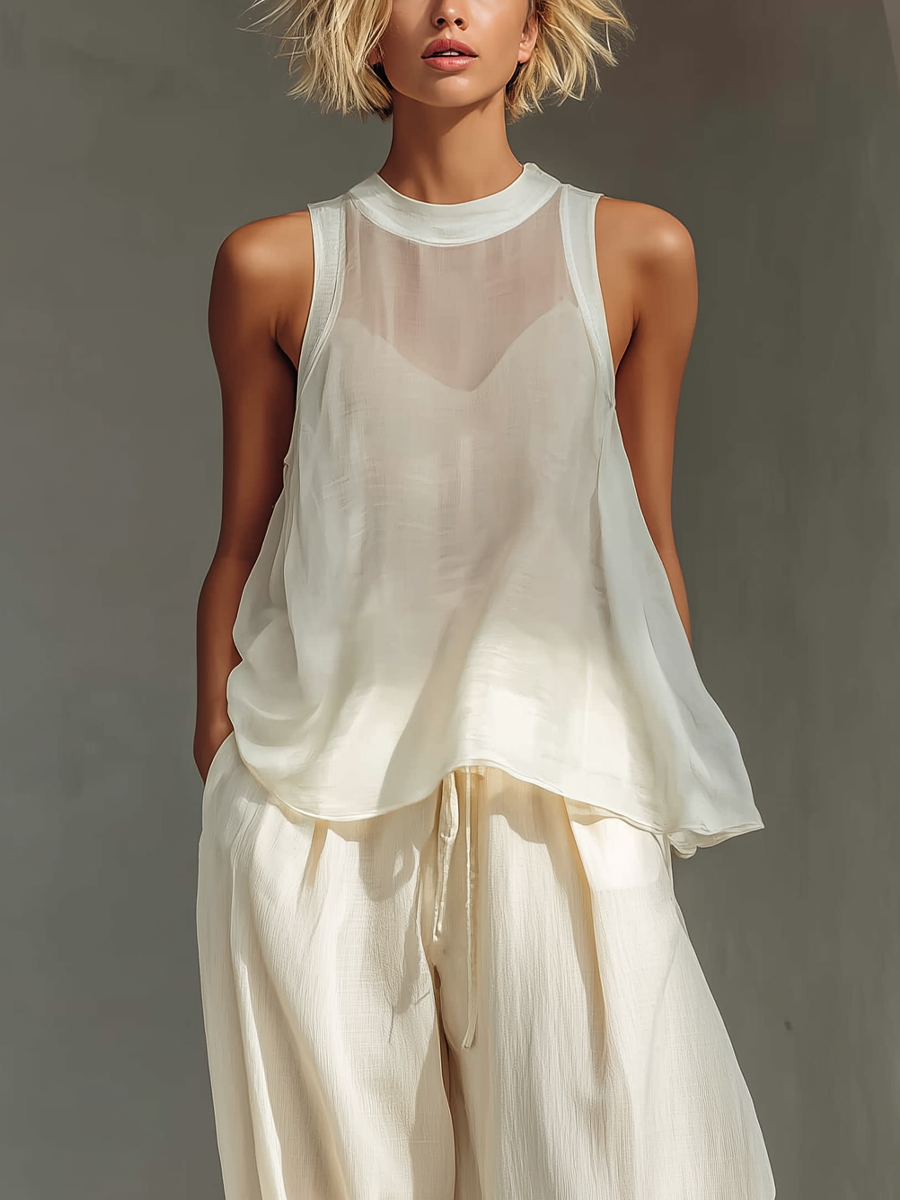 Women's Cream Two-Piece Set With Semi-sheer Chiffon Sleeveless Top & Cotton And Linen Blend Drawstring Wide-Leg Trousers