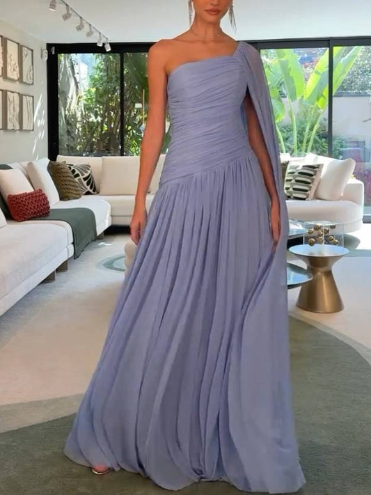 Unique Single-sleeve Shawl Pleated Maxi Dress