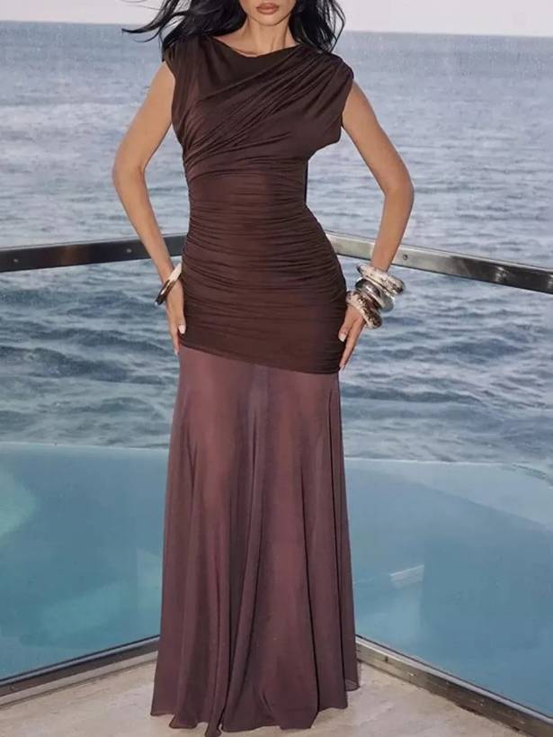 Pleated Design Spliced See-through Skirt Maxi Dress