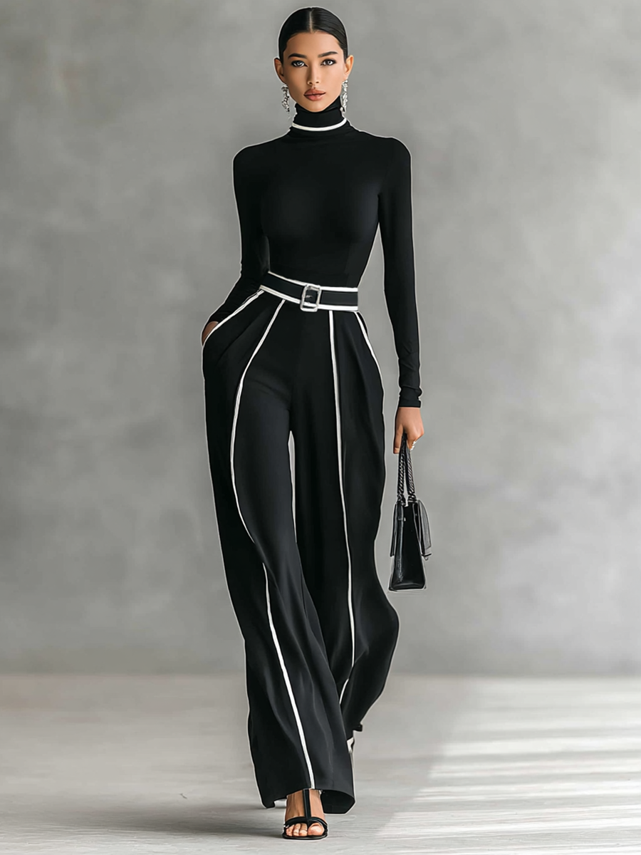 Women's White Trimmed Turtleneck Long Sleeve Top Wide Leg Pants Belt Two-Piece Set