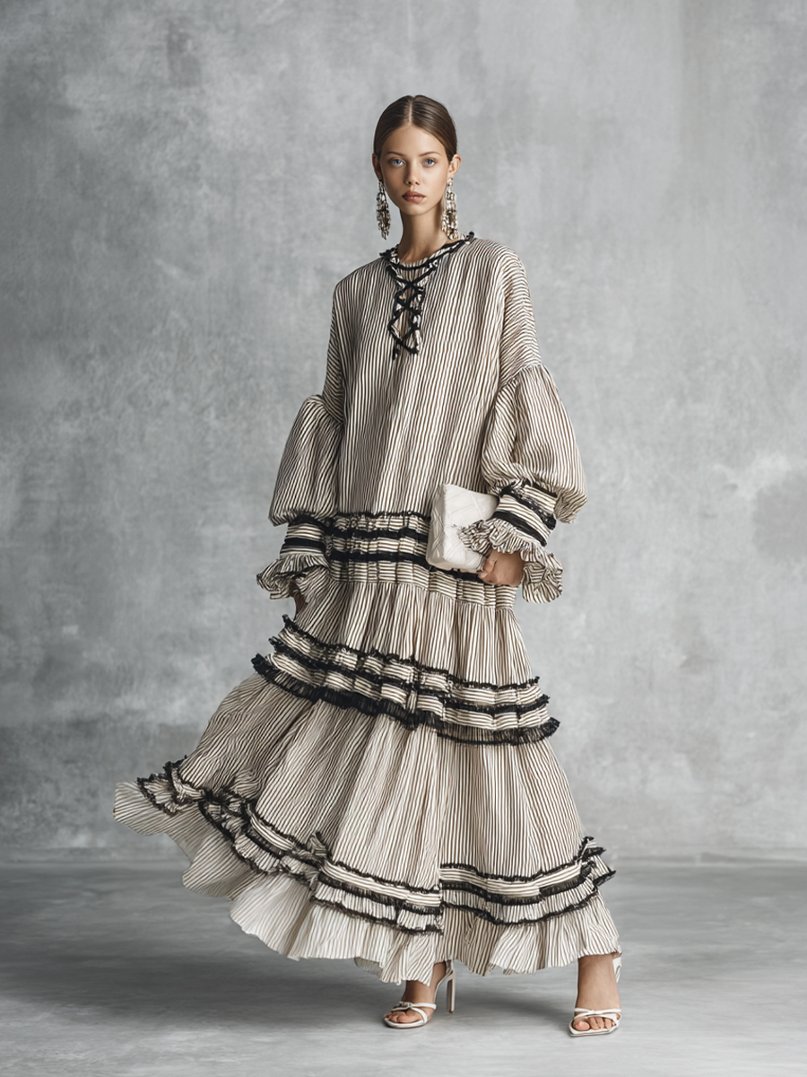 Women's Boho Striped Ruffle Tiered Cotton Blend Long Sleeve Maxi Dress