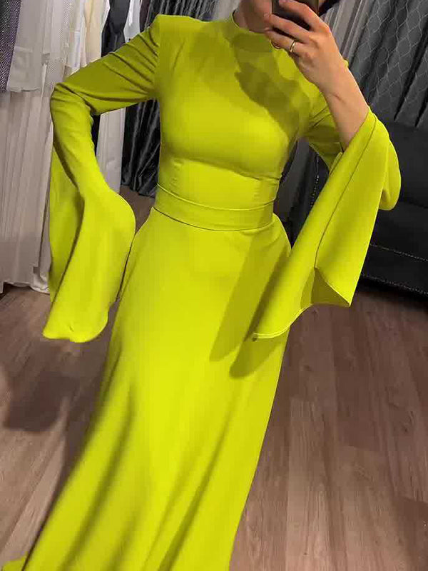 Ruffle Sleeves Skinny Belted Solid Color Round-Neck Maxi Dresses