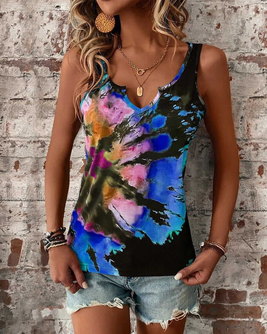 COLOR PRINT V NECK TOP