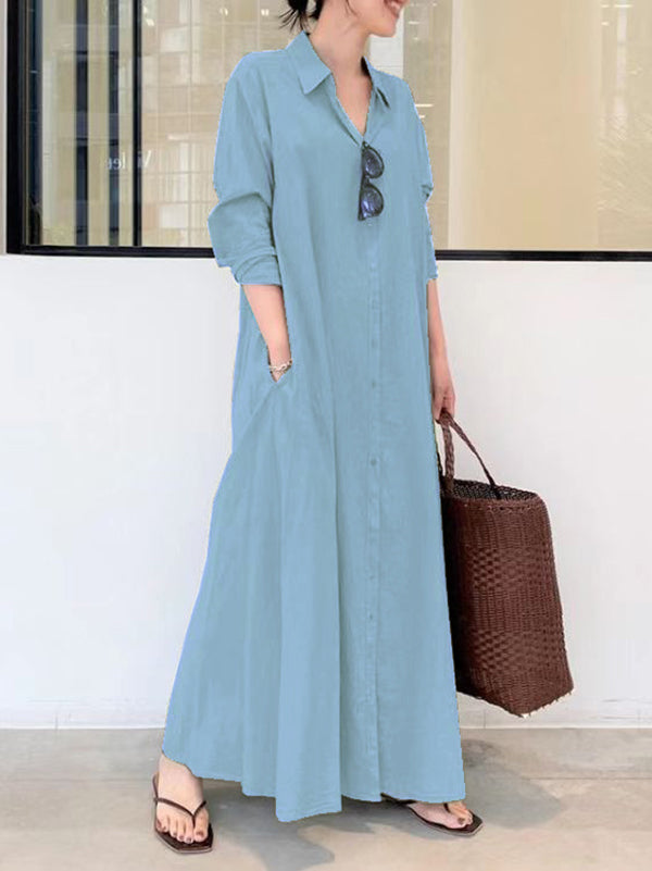 Original Solid Color Lapel Shirt Dress