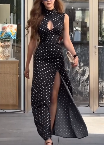 Sexy round Neck Hollow-out Slim-Fit Polka Dot Slit Maxi Dress