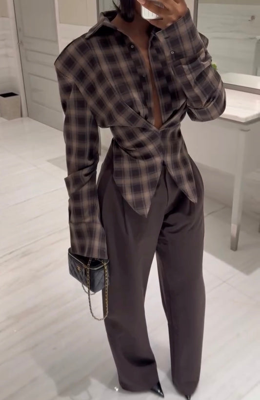 Plaid Waist Tight Button Long Sleeve Shirt Casual Versatile Outerwear