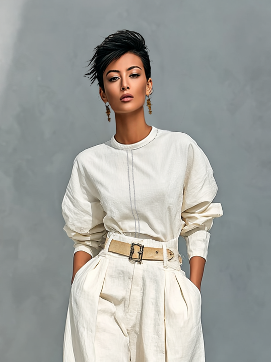Women's Fashion Cotton And Linen Blend Crew Neck Long Sleeve Shirt Loose Trousers Set (belt Not