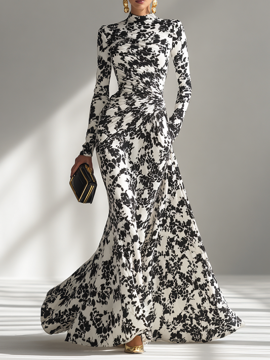 Women's Black And White Patterned Stretch Blend Wrap Dress