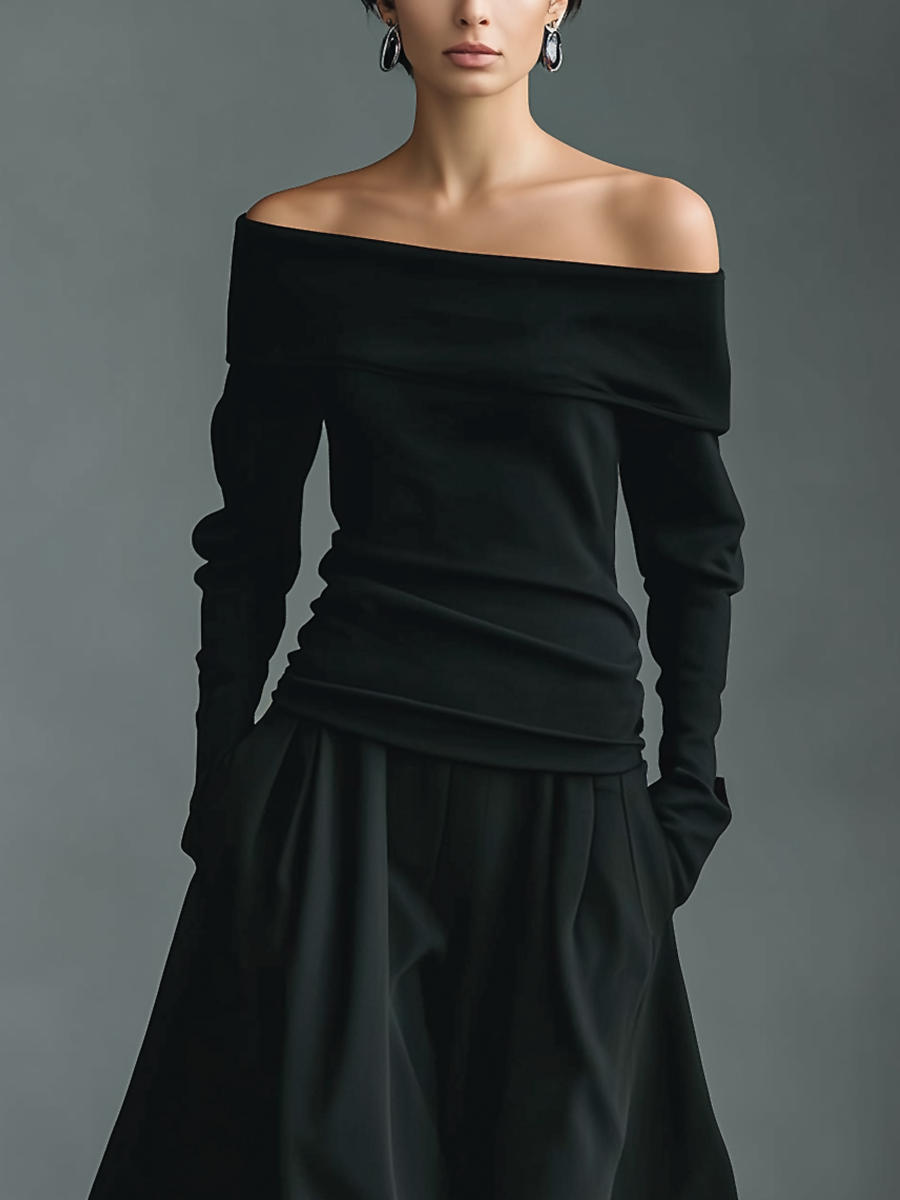 Women's Black Knit Off-Shoulder Fitted Top And Woven Fabric Skirt Set