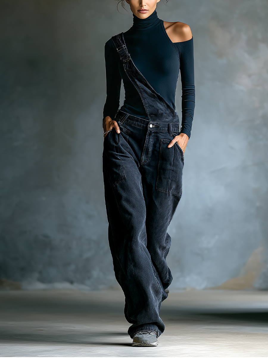 Women's Black Cotton One-shoulder Turtleneck Top And Blue-grey Denim Loose-fitting Overalls Set