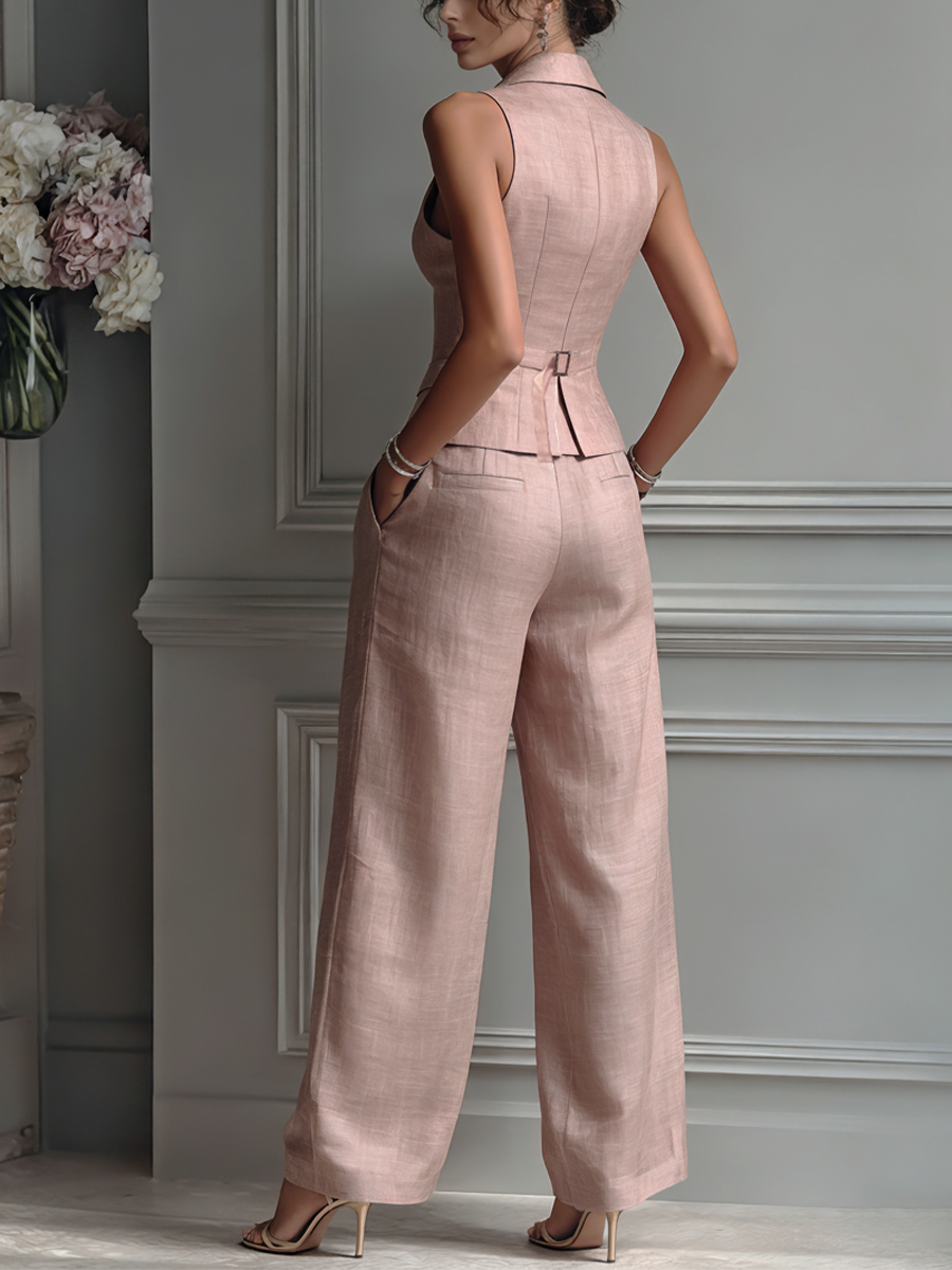 Women's Blush Pink Linen Fabric Sleeveless Vest & Wide-Leg Pants Two-Piece Set With Lapel Collar