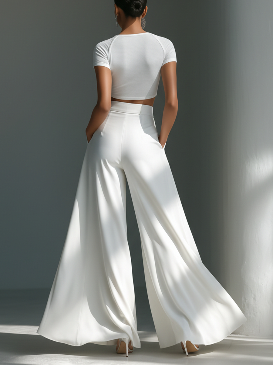Women's White Two-Piece Set With Cold-Shoulder Crop Top & High-Waisted Wide-Leg Trousers