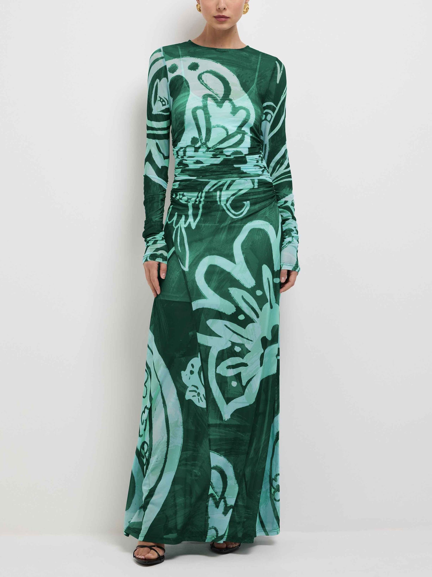 Unique Abstract Eye-catching Print Stretch Mesh Maxi Dress