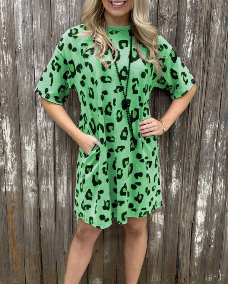 LEOPARD PRINT ROUND NECK DRESS