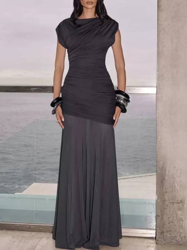 Pleated Design Spliced See-through Skirt Maxi Dress