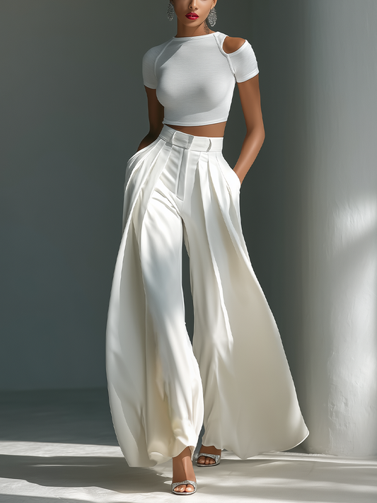 Women's White Two-Piece Set With Cold-Shoulder Crop Top & High-Waisted Wide-Leg Trousers