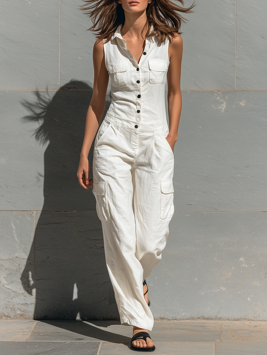 Women's Minimalist Cotton Blend Single-breasted Sleeveless Jumpsuit