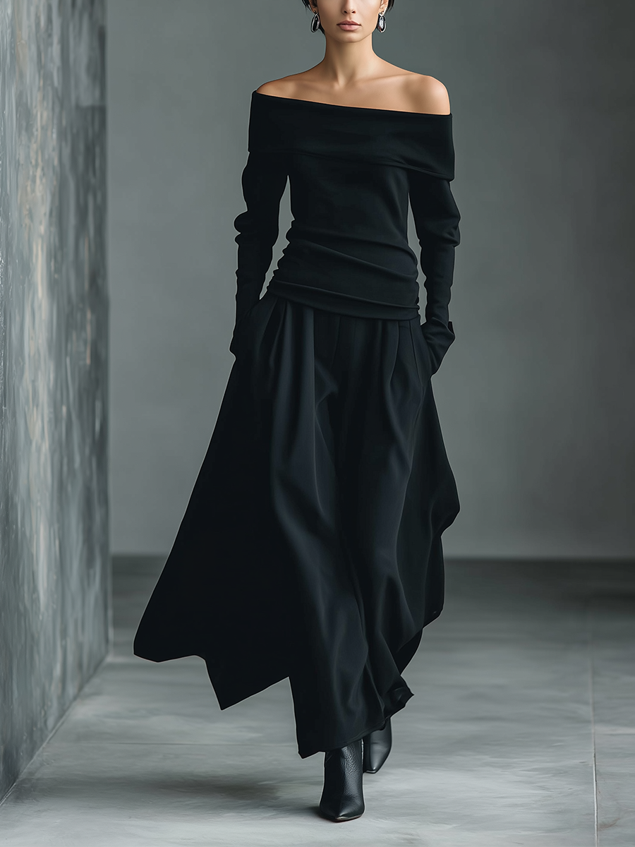 Women's Black Knit Off-Shoulder Fitted Top And Woven Fabric Skirt Set