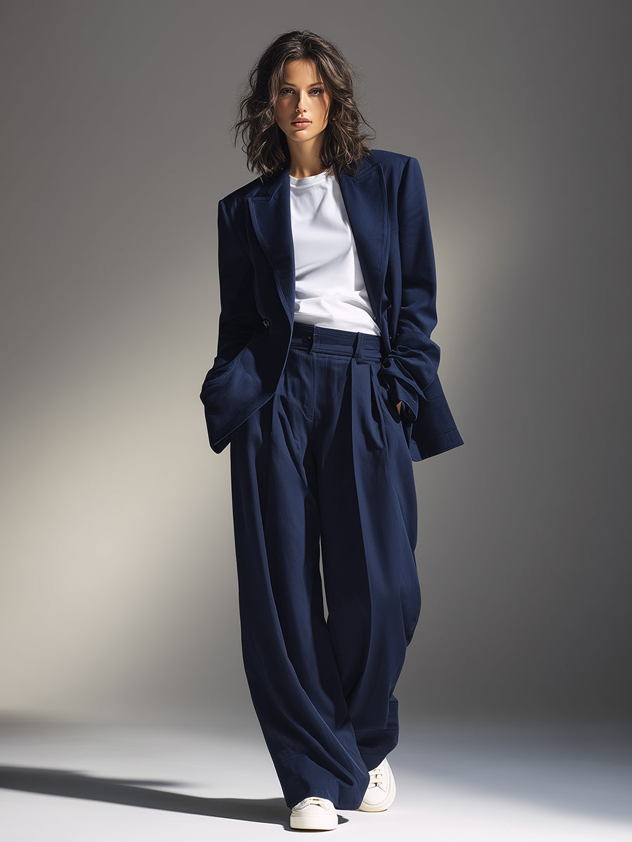 Women's Navy Structured Woven Set With Oversized Blazer & Wide-Leg Pants, Timeless Chic-Effortless Style Set