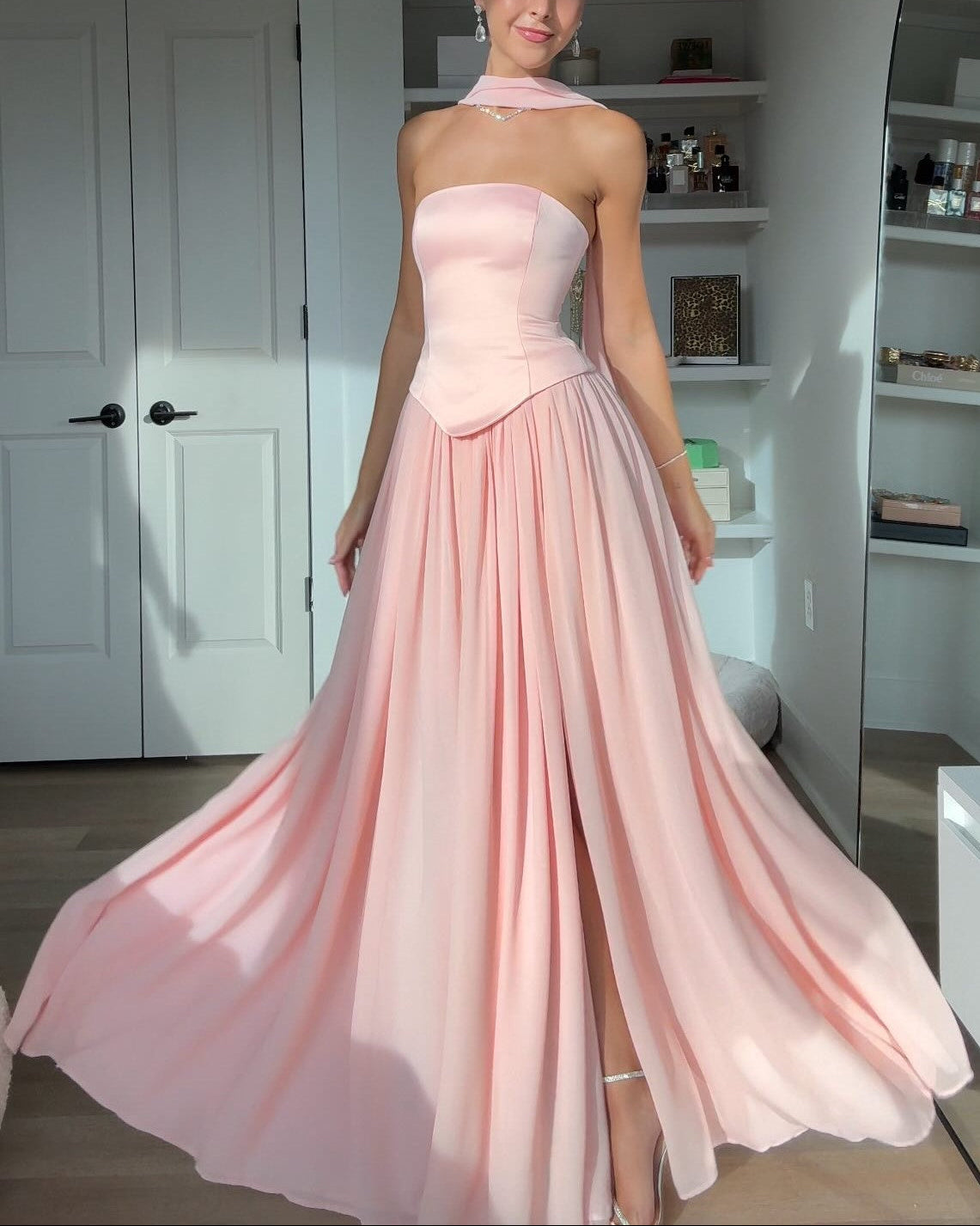 Sexy Tube Top Stitching Solid Color Graceful Pleated Maxi Dress