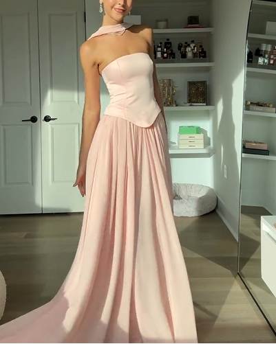 Sexy Tube Top Stitching Solid Color Graceful Pleated Maxi Dress