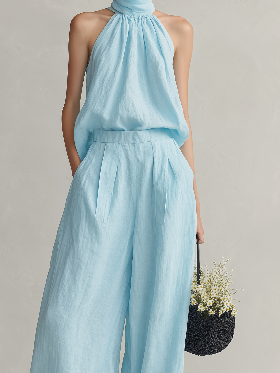 Women's Elegant Light Blue Cotton-Linen Round-Neck Sleeveless Top And Trousers Set