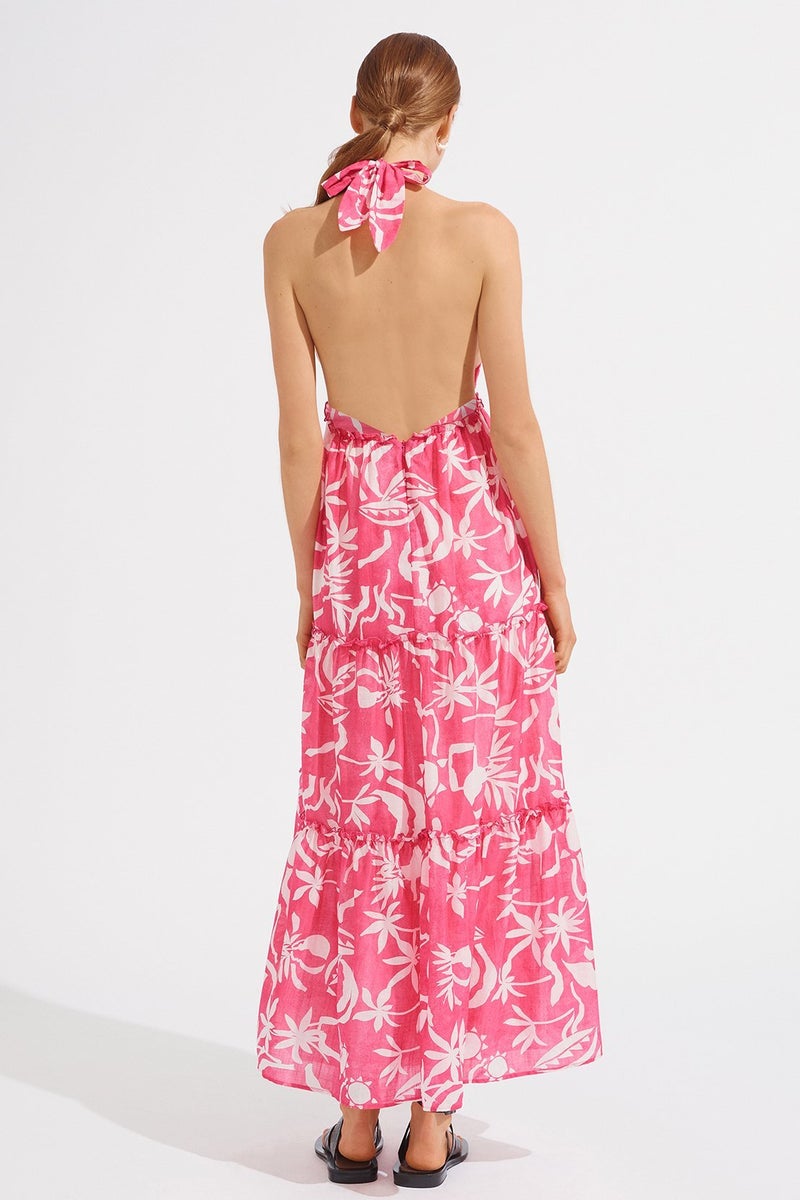 Floral Cami Halter Neck Lace Up Backless Maxi Dress