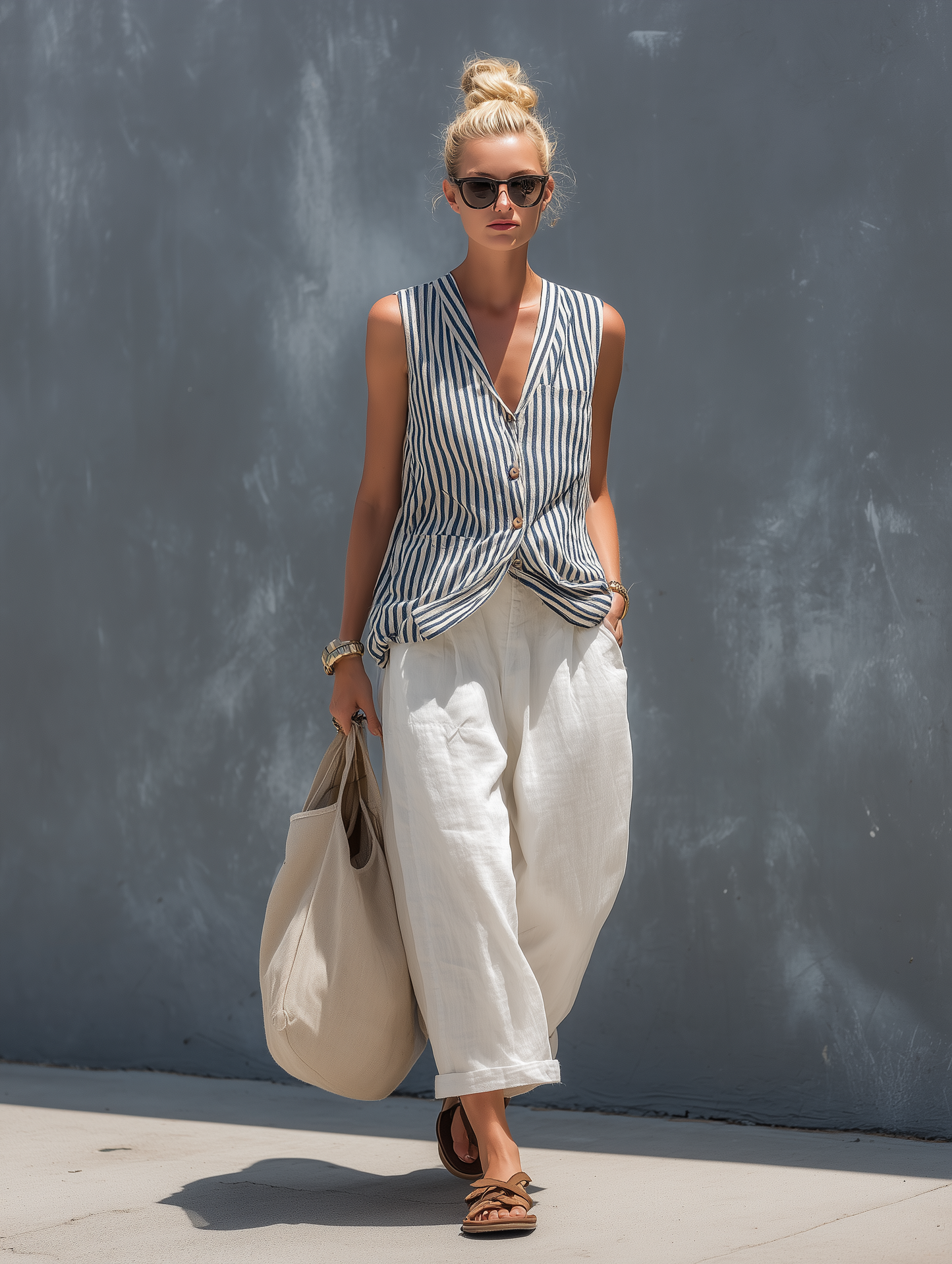 Women's Casual Striped Woven Sleeveless Vest Paired With White Cotton And Linen Trousers Set