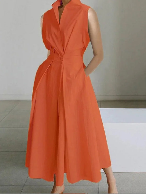 Sleeveless Solid Color Lapel Midi Dresses