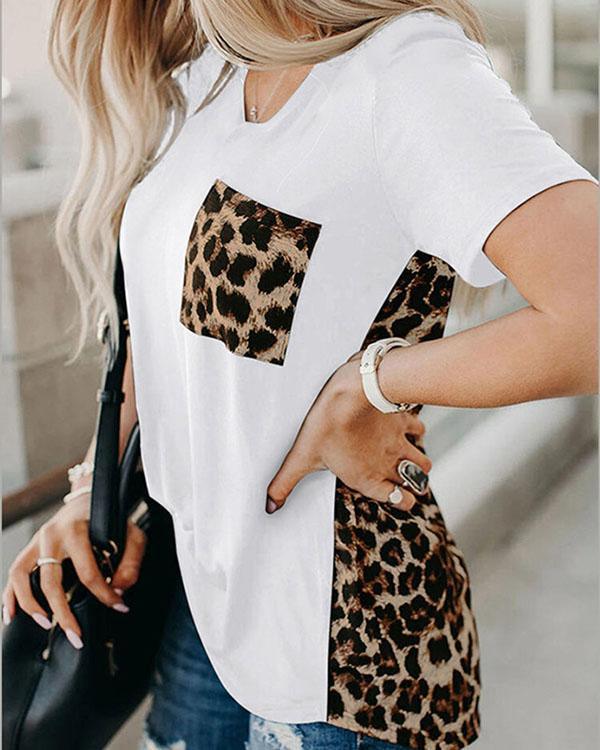 V-NECK LEOPARD PANEL TEE(4 COLORS)