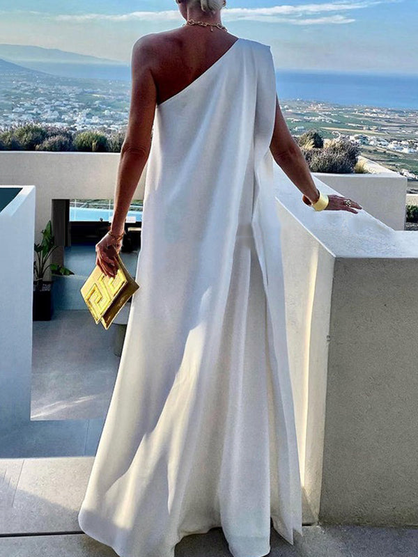 Loose Asymmetric Solid Color Split-Joint One-Shoulder Maxi Dresses