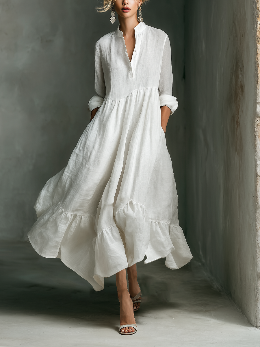 Women's White Long-sleeved Ruffled Maxi Dress