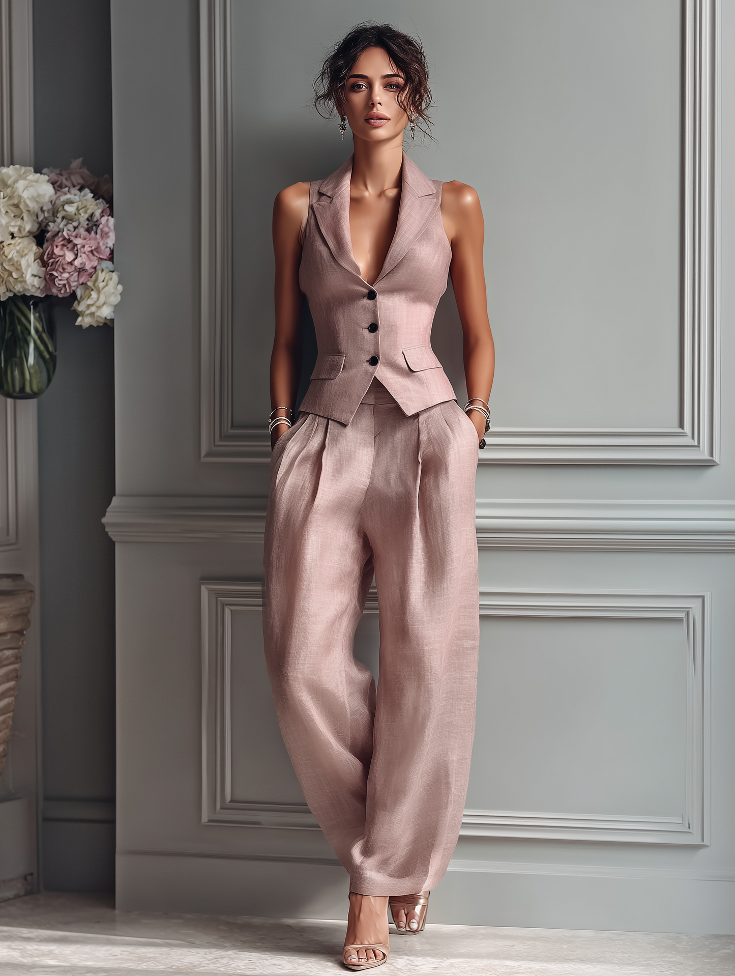 Women's Blush Pink Linen Fabric Sleeveless Vest & Wide-Leg Pants Two-Piece Set With Lapel Collar