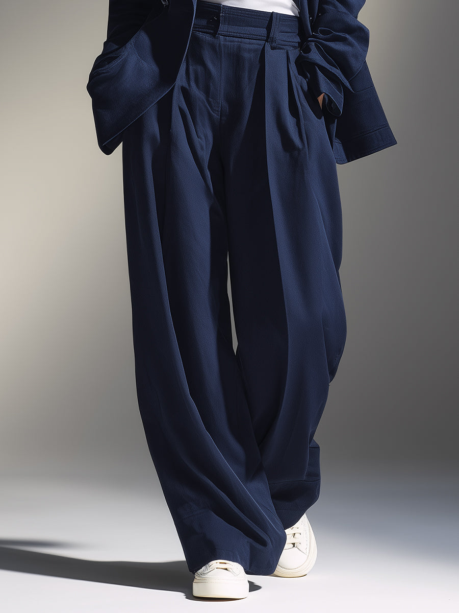 Women's Navy Structured Woven Set With Oversized Blazer & Wide-Leg Pants, Timeless Chic-Effortless Style Set