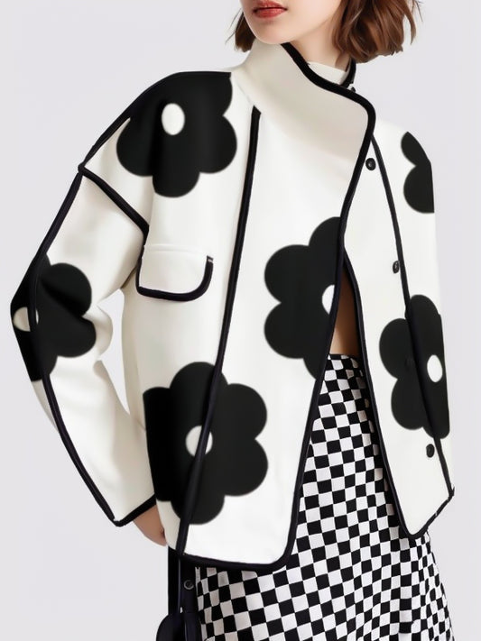 Long Sleeves Loose Contrast Color Flower Print Split-Joint Stand Collar Jackets Outerwear