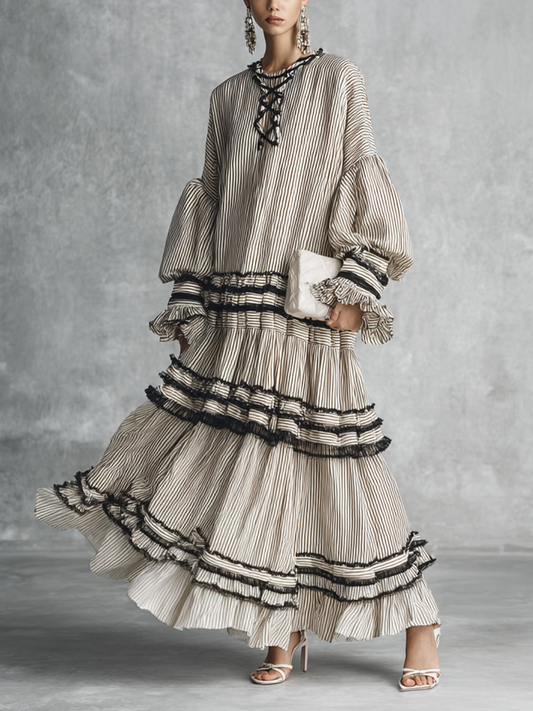 Women's Boho Striped Ruffle Tiered Cotton Blend Long Sleeve Maxi Dress