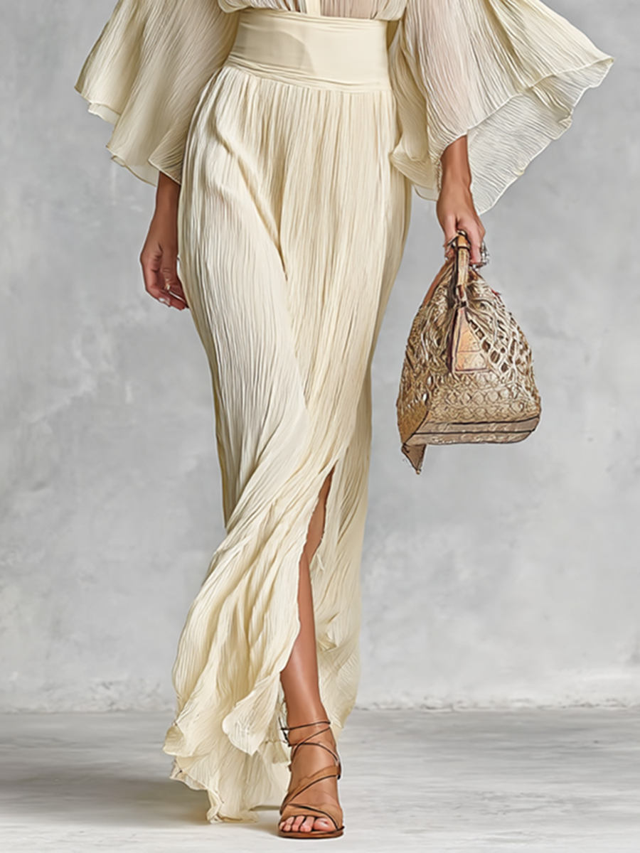 Women's Pleated Chiffon Stand Collar Trumpet Sleeve Shirt Slit Floor Length Skirt Two-piece Set