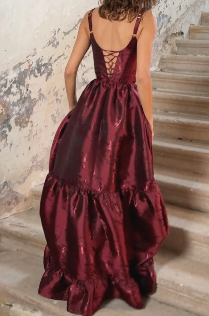 Tube Top Printed Satin Flower Fairy Light Luxury Design Burgundy Evening Maxi Dress