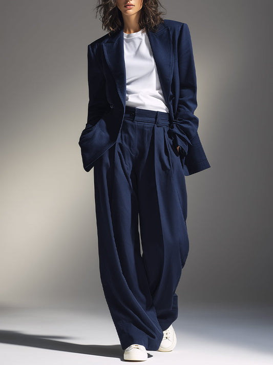 Women's Navy Structured Woven Set With Oversized Blazer & Wide-Leg Pants, Timeless Chic-Effortless Style Set