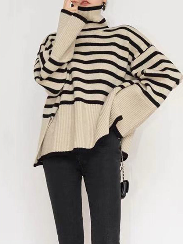 Long Sleeves Loose Contrast Color Split-Joint Split-Side Striped High Neck Sweater Tops