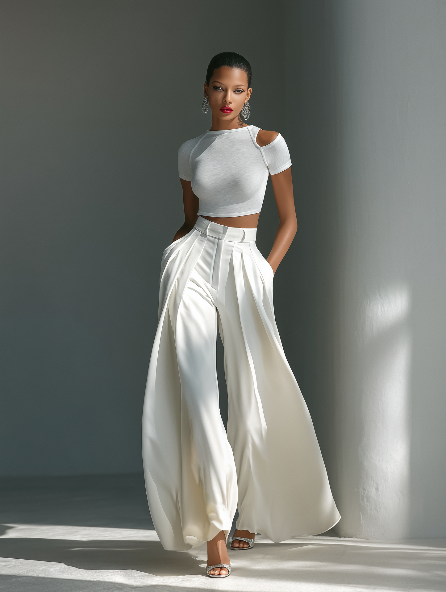 Women's White Two-Piece Set With Cold-Shoulder Crop Top & High-Waisted Wide-Leg Trousers