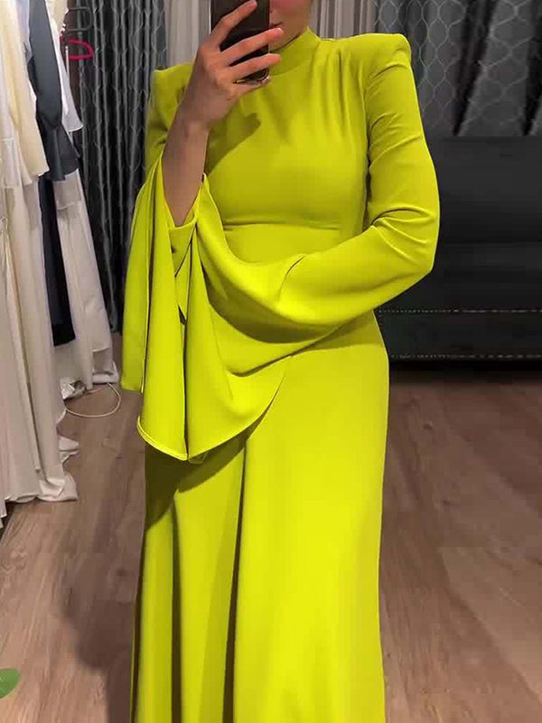 Ruffle Sleeves Skinny Belted Solid Color Round-Neck Maxi Dresses