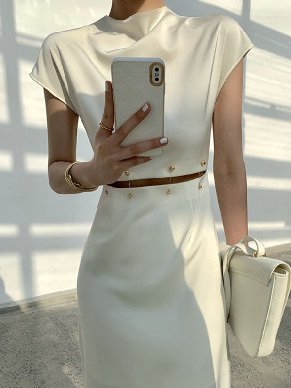 A-Line High Waisted Detachable Hollow Split-Joint Mock Neck Midi Dresses