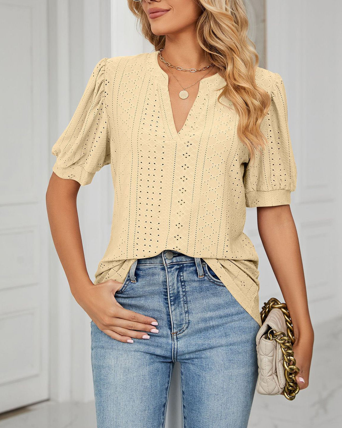 V NECK SKELETON PUFF SLEEVES TOP