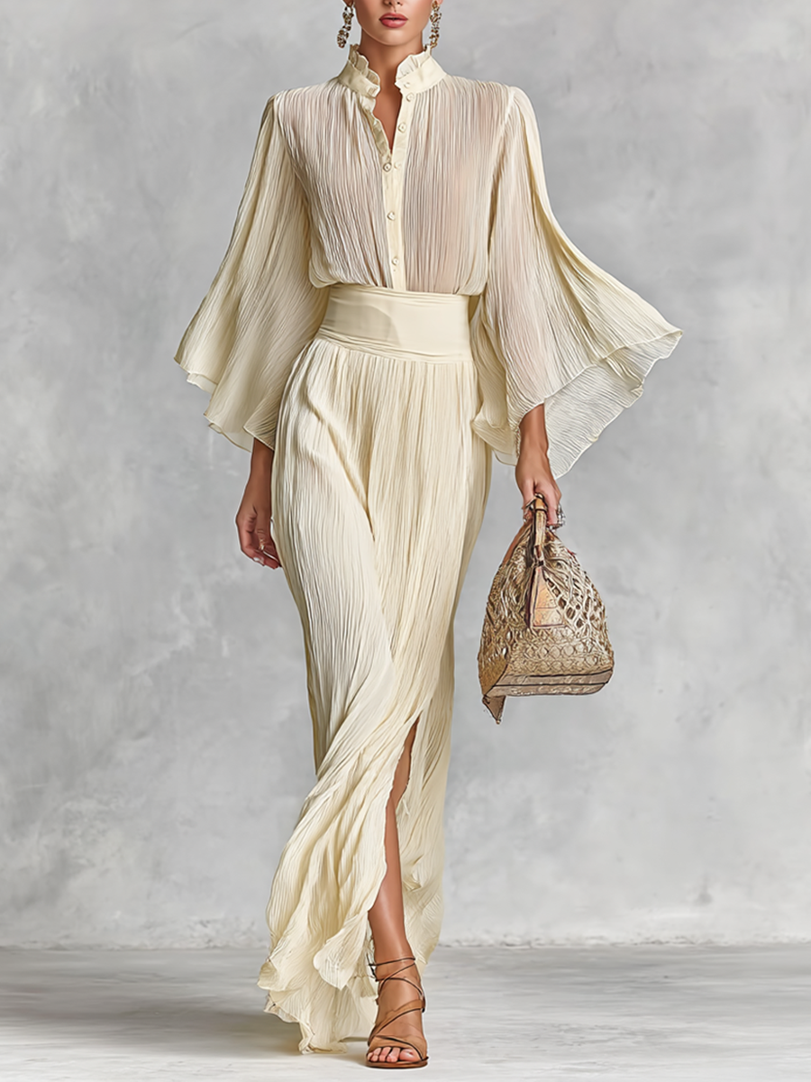 Women's Pleated Chiffon Stand Collar Trumpet Sleeve Shirt Slit Floor Length Skirt Two-piece Set