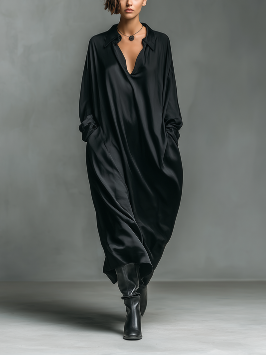 Women's Fashionable Casual Black Glossy Satin Long-sleeved Loose-fitting Maxi Dress With Pockets