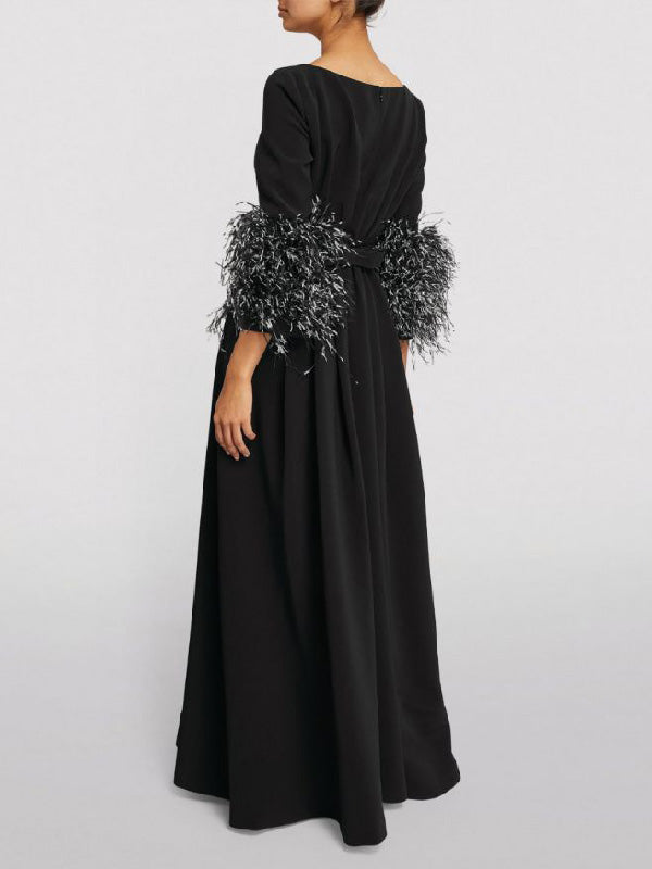 Elegant Simple Black And White Feather Long Sleeve Party Dress