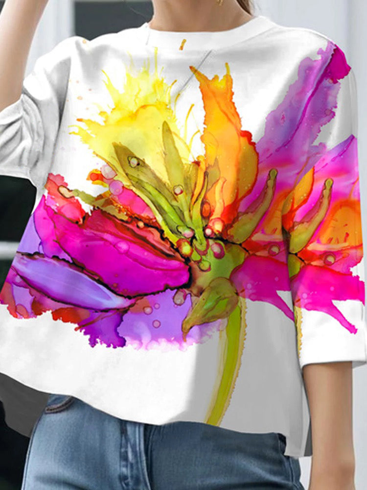 Loose Three-Quarter Sleeves Contrast Color Flower Print Round-Neck T-Shirts Tops